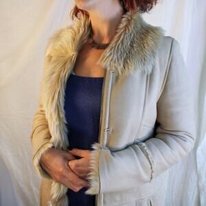 90s/Y2K sheepskin shearling coat with fur trim - a modern penny lane